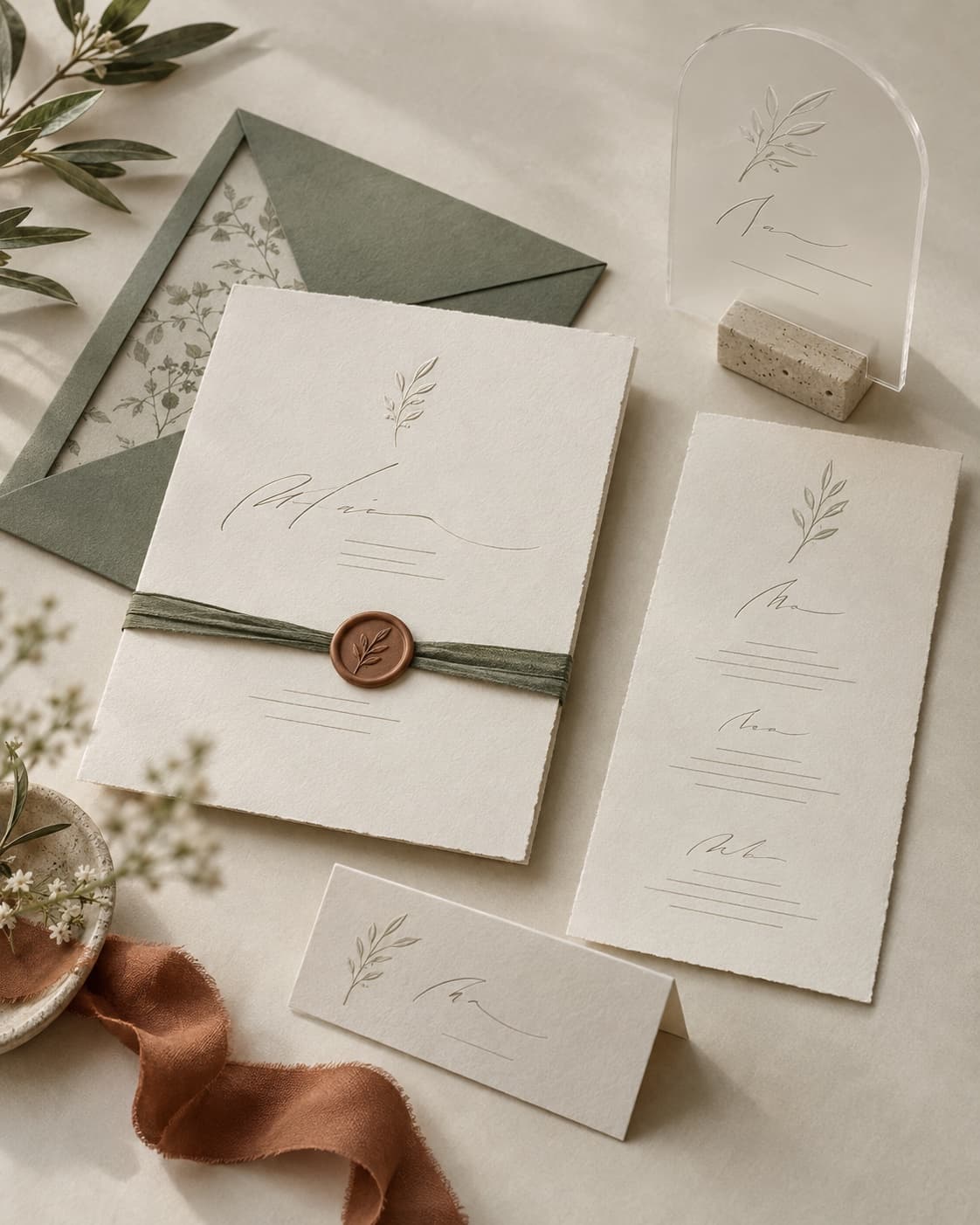 Kolekcija Modern Elegance: kremno obarvano vabilo z nežnim motivom vejice, žajbljevo zelen voščeni pečat, menijska in imenska kartica ter akrilna namizna številka.