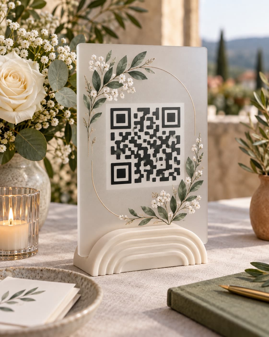 Akrilno stojalo iz mlečnega stekla z motivom QR kode, zlatim obročastim okvirjem in cvetličnimi vejicami na svetlem, s 3D tiskom izdelanem stojalu, na poročni mizi na prostem.